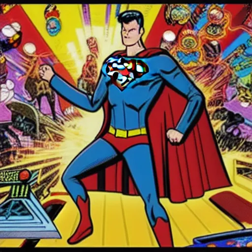 Prompt: a comic book super hero who is just really good at pinball and throws pinball machines he has a long cape his left hand is missing and instead is a launcher from a pinball machine, 4k, highly detailed, heroic pose, graphic novel, bright colors, dark lines