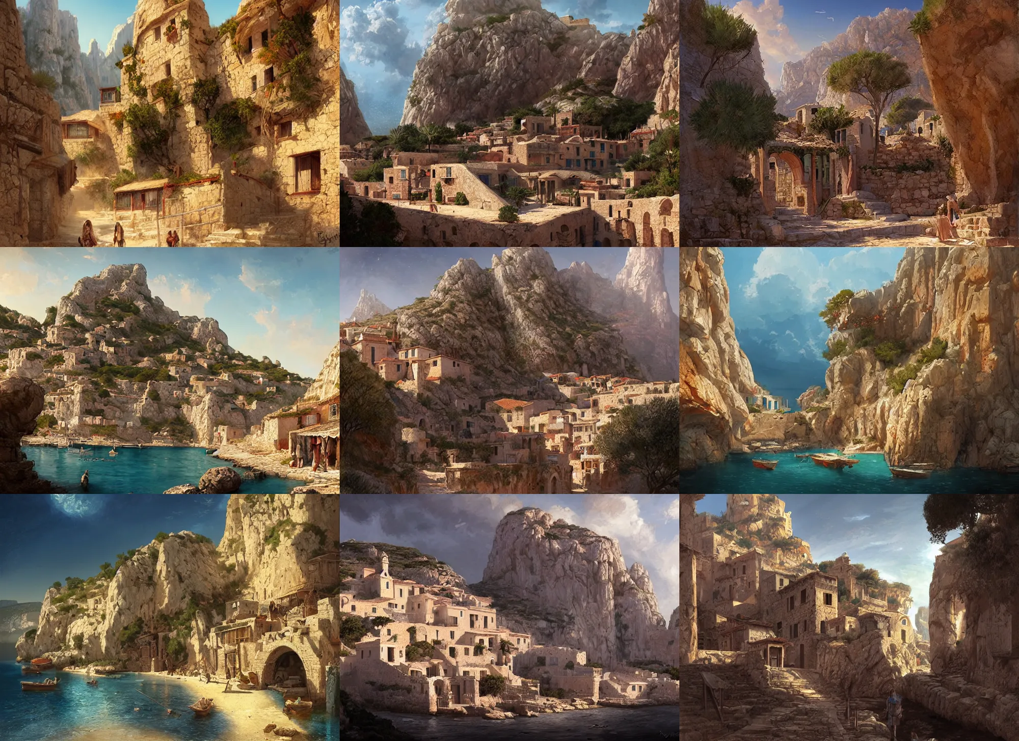 Prompt: ancient mediterranean village, calanque, digital painting, artstation, concept art, sharp focus, illustration, orientalism, art by aleksi briclot and greg rutkowski and raphael lacoste