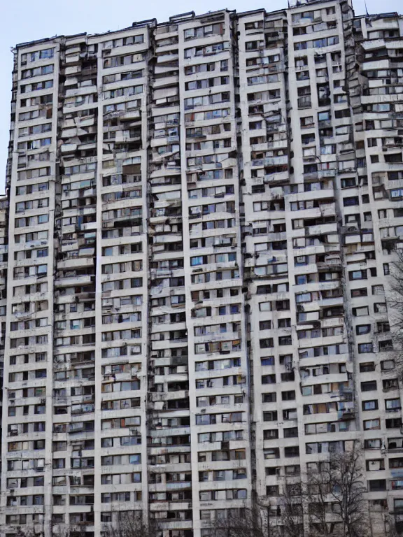 Image similar to low - cost soviet panel apartment building photo, extreme wide shot