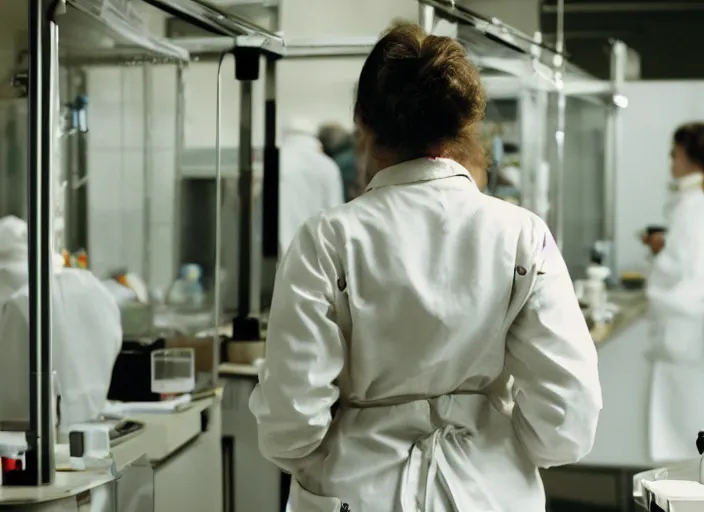 Prompt: a 3 5 mm photo from the back of a woman wearing a white lab coat standing in a laboratory, bokeh, canon 5 0 mm, cinematic lighting, dramatic, film, photography, golden hour, depth of field, award - winning, 3 5 mm film grain, retro, film, kodachrome, closeup