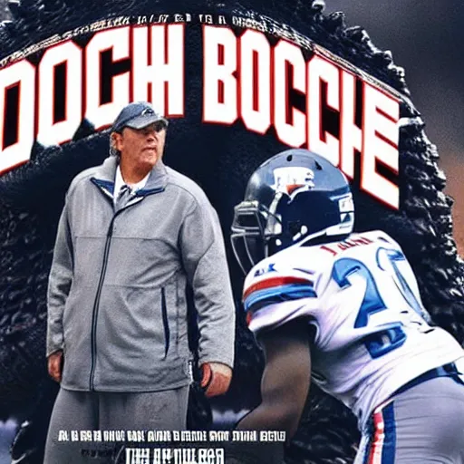 Prompt: Movie poster for the new film 'Coach Belichick vs. Godzilla'