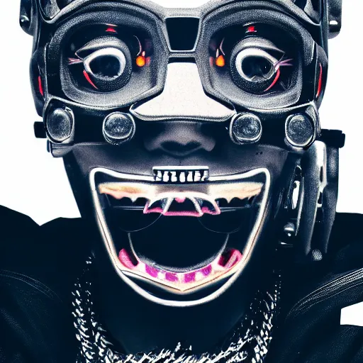 Image similar to portrait of a soundcloud robot rapper that full of face tattoos and grills in its teeth, minimalistic aesthetics, geometric figures, stunning photo, cinematic lighting, perfect composition, 8K, ultra-detailed , Trending on artstation, Octane render, Unreal Engine, highly detailed