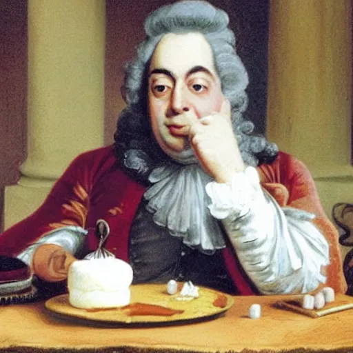 Prompt: colorized photo of G.F. Handel in powdered wig eating cake