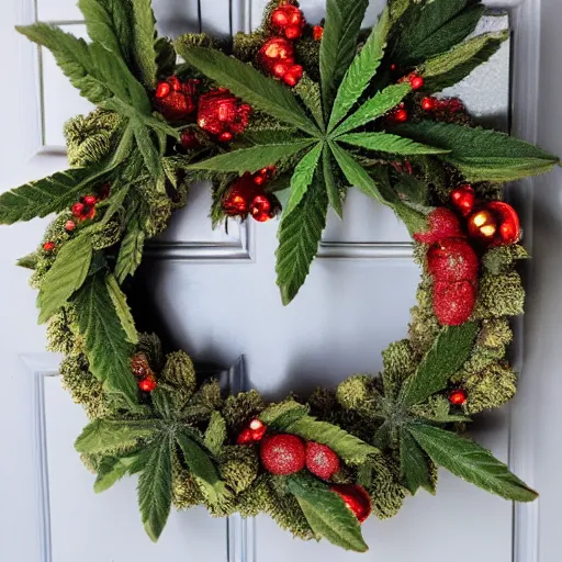 Prompt: christmas wreath woven of cannabis leaf ganja bud nugs reefer wreath leaves