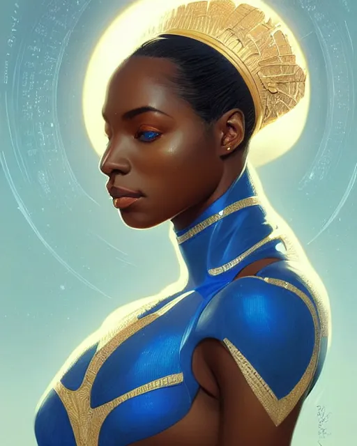 Image similar to Portrait of very very very very very very beautiful african woman, spacesuit, blue eyes, intricate, elegant, highly detailed, digital painting, artstation, concept art, smooth, sharp focus, illustration, art by artgerm and greg rutkowski and alphonse mucha