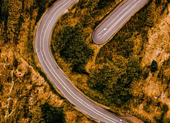 Image similar to symmetry!! a 2 8 mm macro aerial view of a beautiful winding mountain road in europe, photography, film, film grain, canon 5 0 mm, cinematic lighting