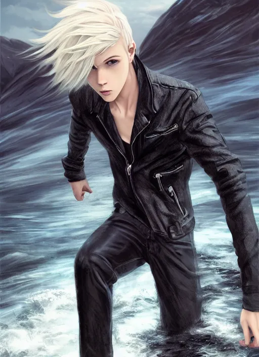 Image similar to beautiful teenage boy with platinum blonde hair and black wings walking on water, wearing leather jacket, beautiful, detailed portrait, cell shaded, 4 k, concept art, by wlop, ilya kuvshinov, artgerm, krenz cushart, greg rutkowski, pixiv. cinematic dramatic atmosphere, sharp focus, volumetric lighting, cinematic lighting, studio quality