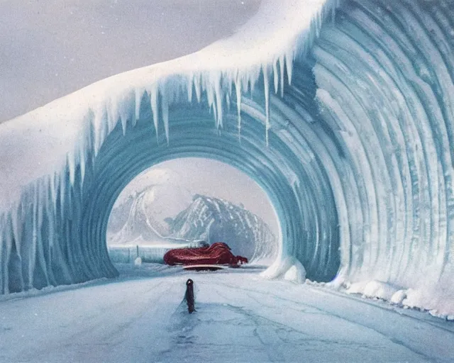 Prompt: An ice tunnel in Alaska, matte painting by Bruce Pennington and Moebius