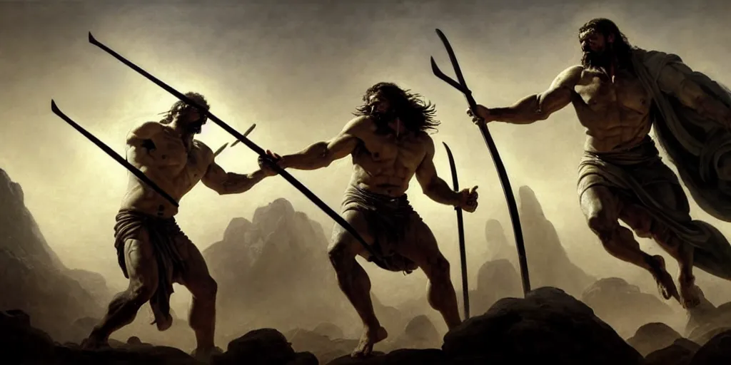 Image similar to realistic painting of biblical Cain with a spear fighting Abel with a scythe, a stone altar with white smoke ascending in the background, masculine and rugged, inspired art by Frazetta + facial symmetry + dramatic volumetric lighting, well lit, 8k octane render, intricate, epic composition, grim yet sparkling atmosphere, cinematic lighting + masterpiece, trending on artstation, very detailed, masterpiece, stunning