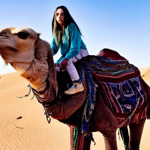 Image similar to close up shot of billie eilish riding a camel