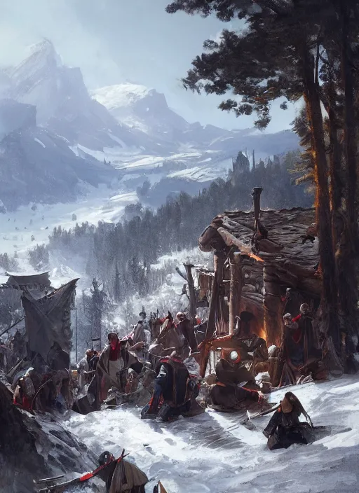 Prompt: rebel medieval encampment on the slopes of alpine mountain, by greg rutkowski, by asher brown durand, artstation