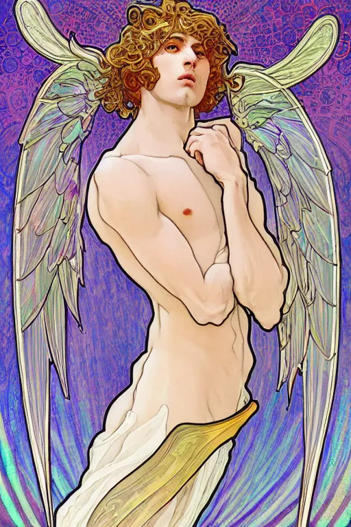 Image similar to full figure art nouveau window depicting a young fit male angel with curly blond hairs, dressed with fluent clothes, majestic wings, luminous halo, by alfons mucha, d & d character, gradient white to gold, in front of an iridescent background, highly detailed portrait, digital painting, artstation, concept art, smooth, sharp focus, illustration, artstation hq