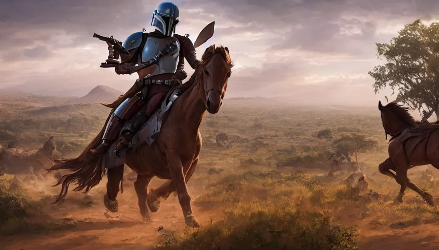 Image similar to mandalorian riding a horse alone, madagascar with baobabs trees in the background, action scene, an epic fantasy, artgerm and greg rutkowski and alphonse mucha, an epic fantasy, volumetric light, detailed, establishing shot, cinematic, photorealistic, hyper detailed, ultra realistic, trending on art station, octane render, midsommar