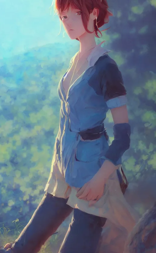 Image similar to a portrait of a female character on an arid forest, blue sky, clouds, vivid colors, soft lighting, atmospheric, cinematic, moody, in the style of ilya kuvshinov and range murata, krenz cushart, rule of thirds, oil on canvas, 8 k