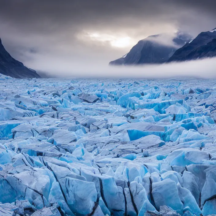 Image similar to award winning photo of glacier floating in the sky surrounded by clouds and mist,