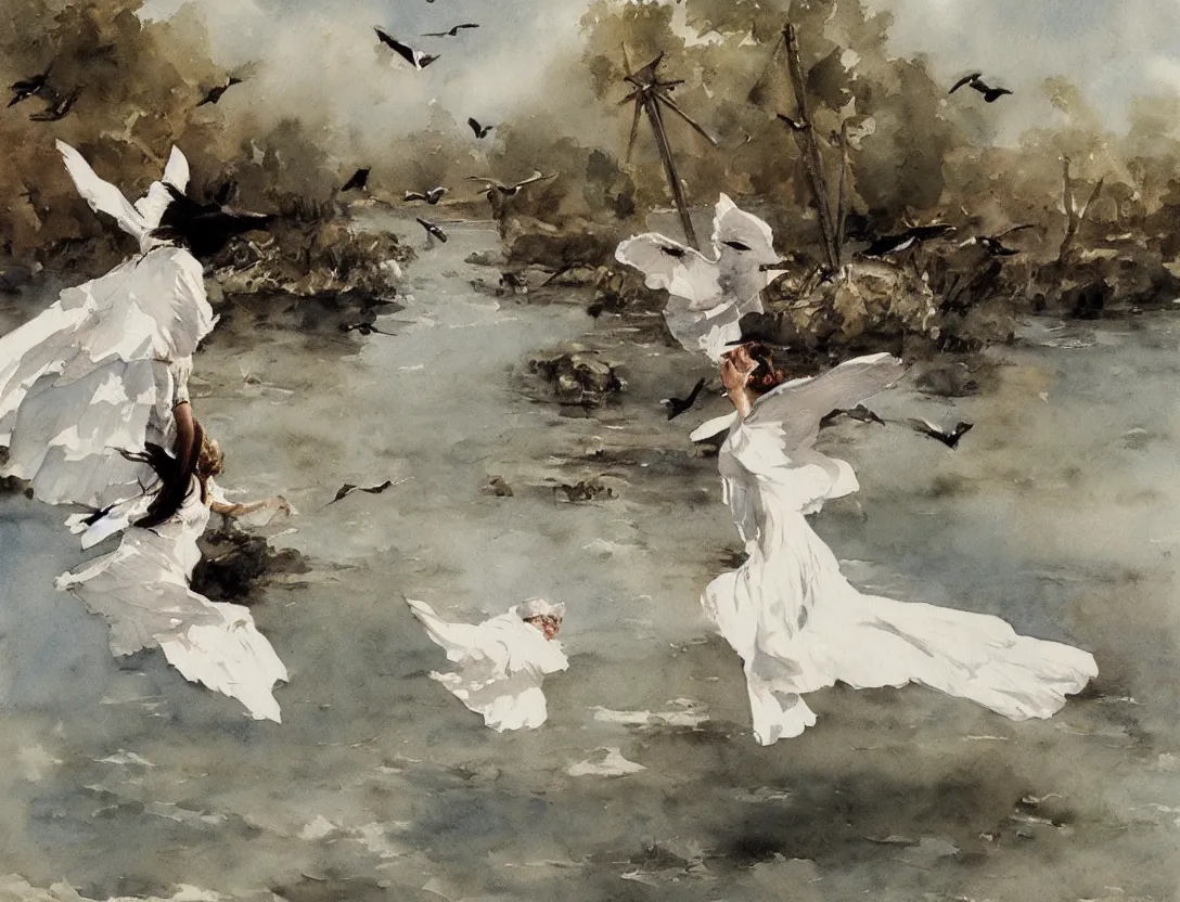 Prompt: watercolor by anders zorn, flying birds, water, white dress, windmill