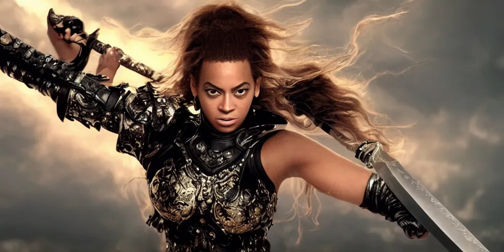 Image similar to a beautiful cinematic image of a beyonce wielding a sword, cinematic, 4k, realistic, anime artwork, rtx, hyperrealistic, unreal