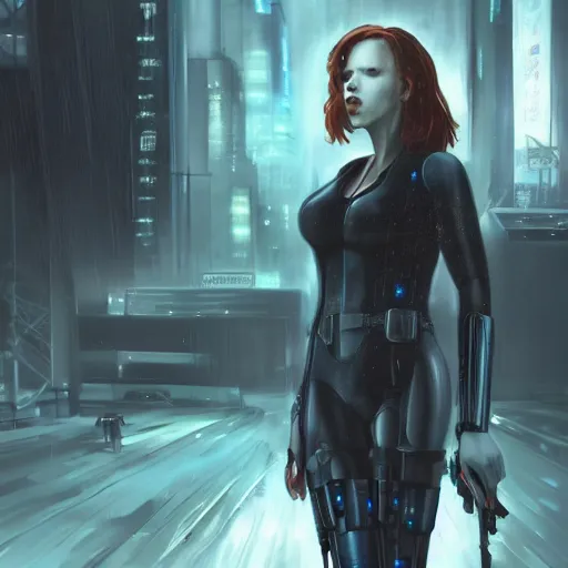 Image similar to black widow in a cyberpunk world, artstation hall of fame gallery, editors choice, #1 digital painting of all time, most beautiful image ever created, emotionally evocative, greatest art ever made, lifetime achievement magnum opus masterpiece, the most amazing breathtaking image with the deepest message ever painted, a thing of beauty beyond imagination or words