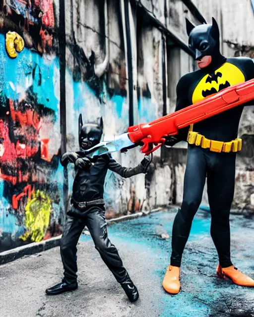 Image similar to happy batman firing super soaker water gun at playful criminals in an alleyway, everyone having fun, product advertisement, photography