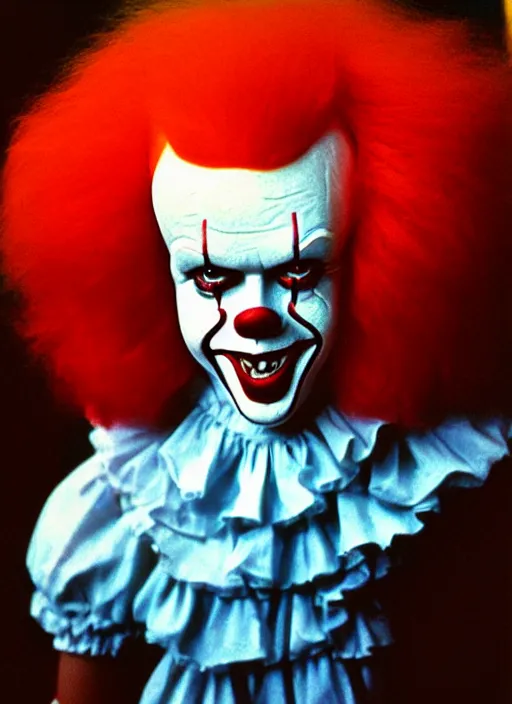 Prompt: high school year book photo of pennywise the clown from the movie it as an awkward teenager, film shot, portrait photography, soft lighting, soft focus, 1 9 9 0's, 2 4 mm iso 8 0 0 color
