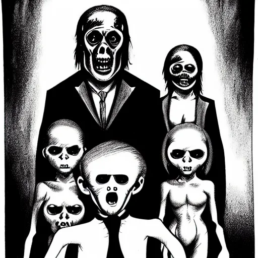 Prompt: psychopath child drawing of a creepy family. by richard corben