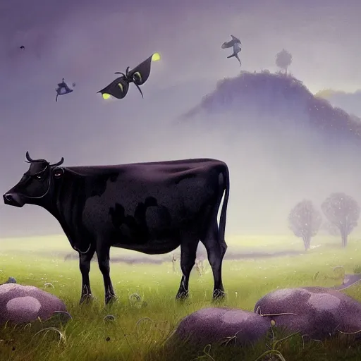 Prompt: a detailed matte landscape painting of a cow standing in a grassy field wearing a witch hat, cow wearing hat!!!! viewed in profile, fog and flying glowing moths in the background, ultrawide lens, aerial photography, black and blue color scheme with gold highlights, art by paul kidby in a silly and cartoony art style, 8 k, octane render