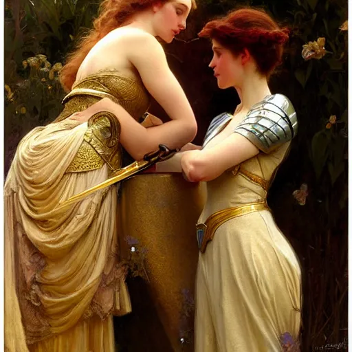 Image similar to attractive guinevere pendragon and her attractive female knight, they are in love, natural lighting, path traced, highly detailed, high quality, digital painting, by gaston bussiere, craig mullins, alphonse mucha j. c. leyendecker