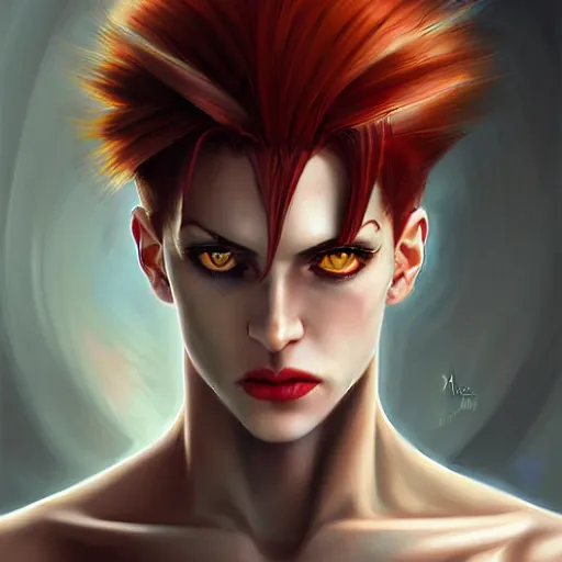 Prompt: portrait of hisoka morow hunter hunter thin lips small eyes very thin pursed lips extremely sharp jaw yellow eyes narrow almond eyes sultry eyes dark red hair soft hair slicked back crimson hair anime, madonna bowie elegant, highly detailed, digital painting, artstation art by artgerm and greg rutkowski and alphonse mucha