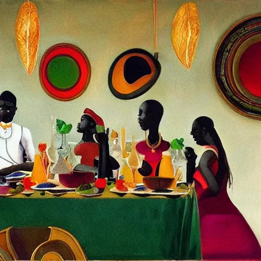 Prompt: dark skinned people eating at a regal buffet ultra detailed beautiful setting elegant event nigerian party minimalist gold ornaments iridescent lighting glamour in the style of edward hooper and henri matisse yinka shonibare oil painting