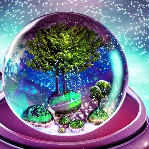 Image similar to alien planet, lush with fluorescent mushrooms encapsulated in a snow globe, high detail, photorealistic