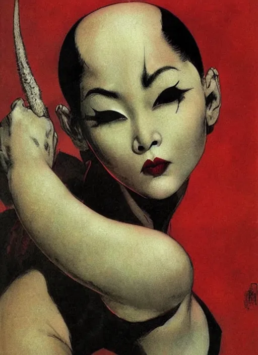 Image similar to portrait of bald korean vampiress, strong line, saturated color, beautiful! coherent! by frank frazetta, high contrast