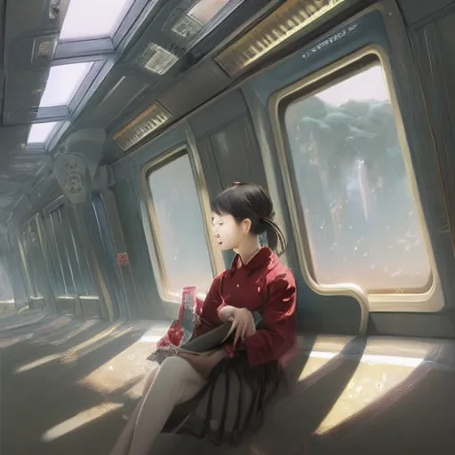 Image similar to luxury advertisement, a highly detailed epic cinematic concept art CG render digital painting artwork of a Chinese schoolgirl sitting in the train. By Greg Rutkowski, Ilya Kuvshinov, WLOP, Stanley Artgerm Lau, Ruan Jia and Fenghua Zhong, trending on ArtStation, made in Maya, Blender and Photoshop, octane render, excellent composition, cinematic atmosphere, dynamic dramatic cinematic lighting, aesthetic, very inspirational, arthouse