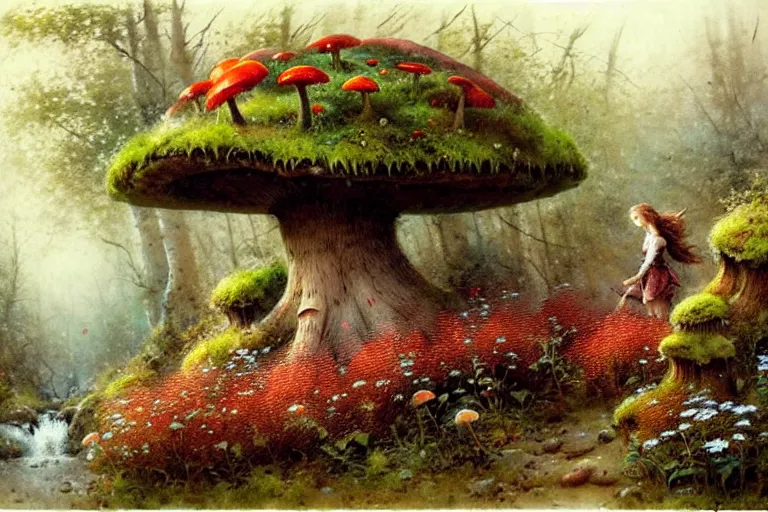 Image similar to adventurer ( ( ( ( ( 1 9 5 0 s retro future forrest of giant mushrooms, moss and flowers, stream with bridge. muted colors. ) ) ) ) ) by jean baptiste monge!!!!!!!!!!!!!!!!!!!!!!!!! chrome red