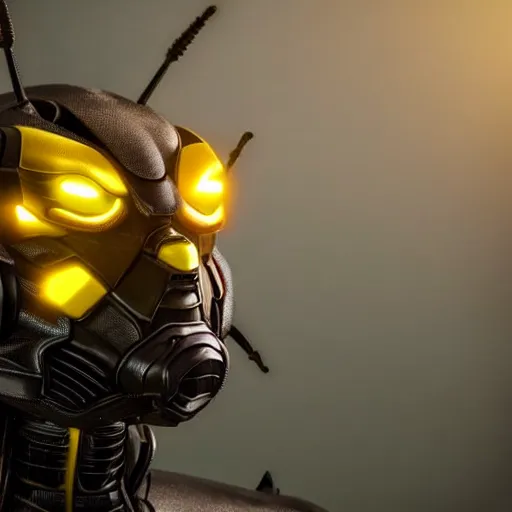 Image similar to still photo of bumblebee with fire eyes, highly detailed, photorealistic portrait, bright studio setting, studio lighting, crisp quality and light reflections, unreal engine 5 quality render