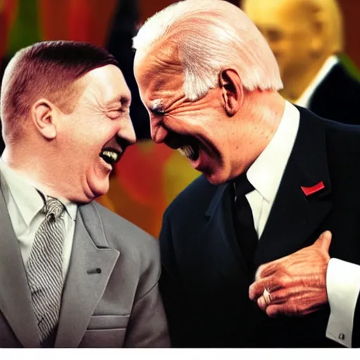 Image similar to “Very photorealistic photo of Hitler and Joe Biden laughing together, award-winning details”