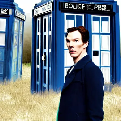 Prompt: Benedict Cumberbatch as The Doctor from Doctor Who, with the TARDIS in the background