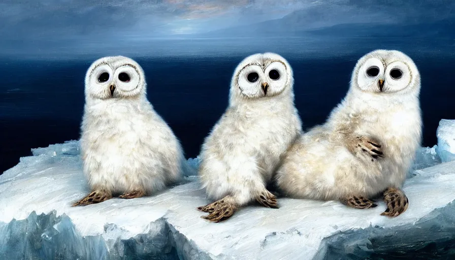 Image similar to highly detailed painting of cute furry white baby seal owls with big furry antlers cuddling into each other on a blue and white iceberg by william turner, by greg rutkowski, by william constable, thick brush strokes and visible paint layers, 4 k resolution