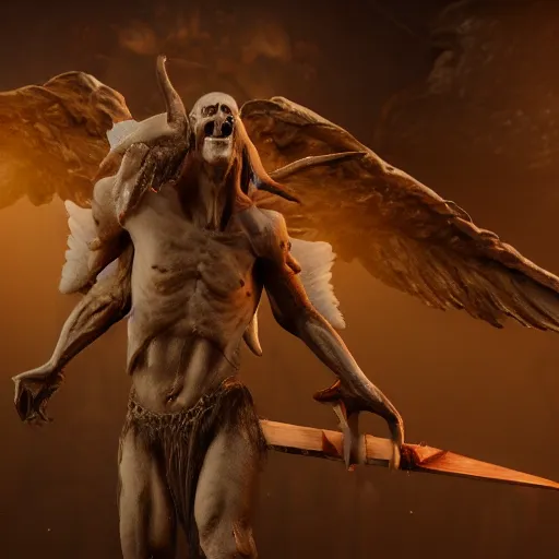 Image similar to cinematography picture of monster with angel wings and human skin, no eyes, long jaw, holding a spear, 8k, unreal engine 5, ps5, hyperrealistic, artstation, higly detailed