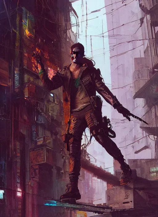 Prompt: Ezra. Cyberpunk mercenary in tactical gear climbing a security fence. rb6s, (Cyberpunk 2077), blade runner 2049, (matrix). Epic painting by Craig Mullins and Alphonso Mucha. painting with Vivid color.