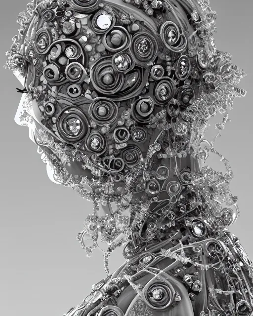 Image similar to mythical dreamy black and white organic bio - mechanical spinal ribbed profile face portrait detail of translucent steampunk beautiful female angelic - human - queen - vegetal - cyborg, highly detailed, intricate crystal ivy jelly ornate, poetic, translucent roses ornate, 3 d render, digital art, octane render, 8 k artistic photography, photo - realistic, by dora maar