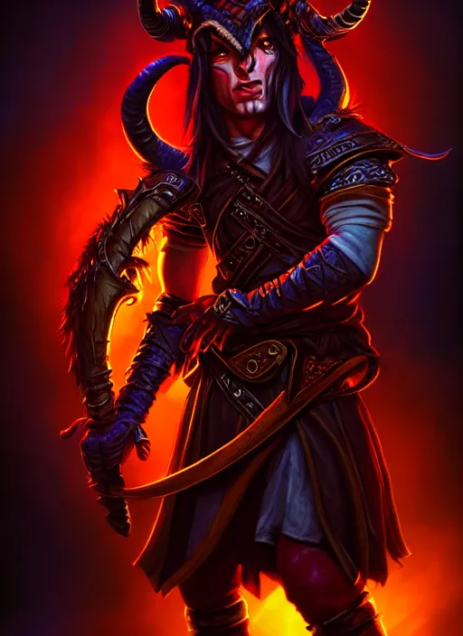 Image similar to tiefling bard, full body, hyper realistic, extremely detailed, dnd character art portrait, dark fantasy art, intricate fantasy painting, dramatic lighting, vivid colors, deviantart, artstation, by daniel r horne.