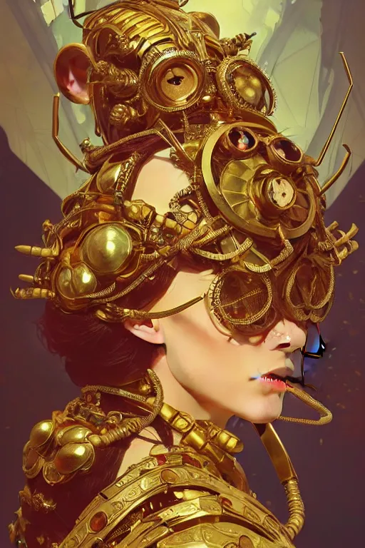 Prompt: panel of jewels with gold bugs and beetles , detailed armour, intricate details, realistic shaded Perfect face, insane action pose, steampunk, cyberpunk, highly detailed, artstation, illustration by Ilya Kuvshinov and alphonse mucha Greg Rutkowski