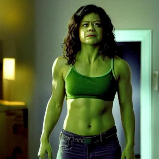 Prompt: a still of!! tatiana maslany as she! hulk