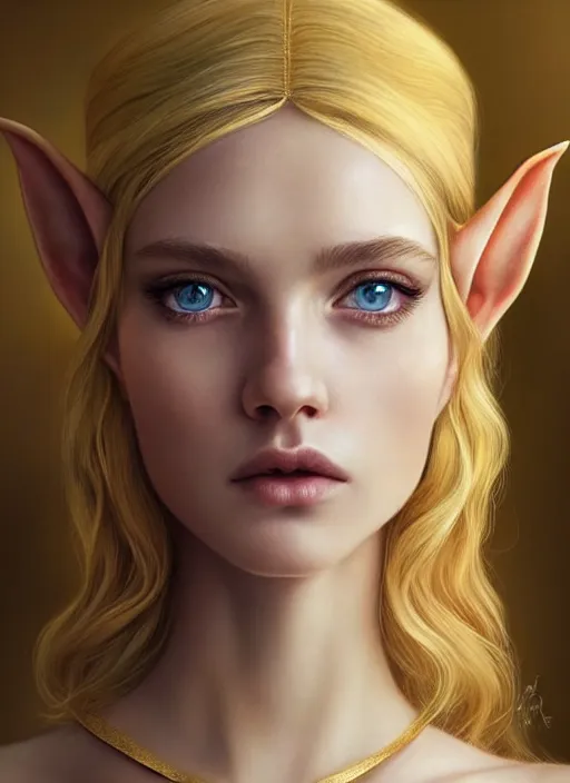 Prompt: a beautiful portrait, golden background, gorgeous fantasy elf. professionally retouched, soft lighting, realistic, smooth face, gorgeous blue eyes, long white hair, cute ears, wide angle, sharp focus on the eyes, 8 k high definition, insanely detailed, intricate, elegant, gorgeous, art by artgerm and wlop