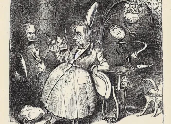 Prompt: Tenniel illustration of Alice in Wonderland Lewis Carrol