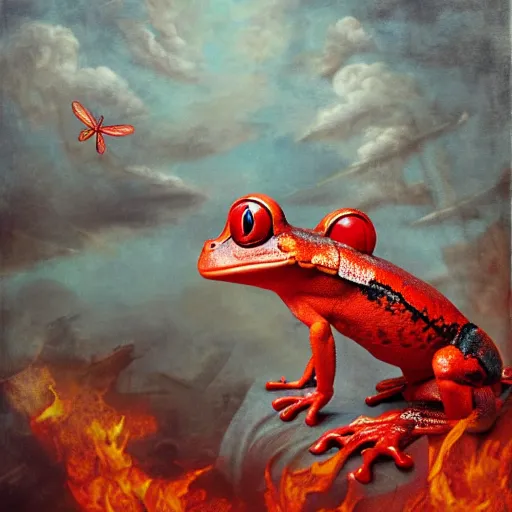 Image similar to giant red frog with giant dragonfly wings flying over a city in flames, photorealism, oil paint, renaissance, 8 k, high detail whide shot
