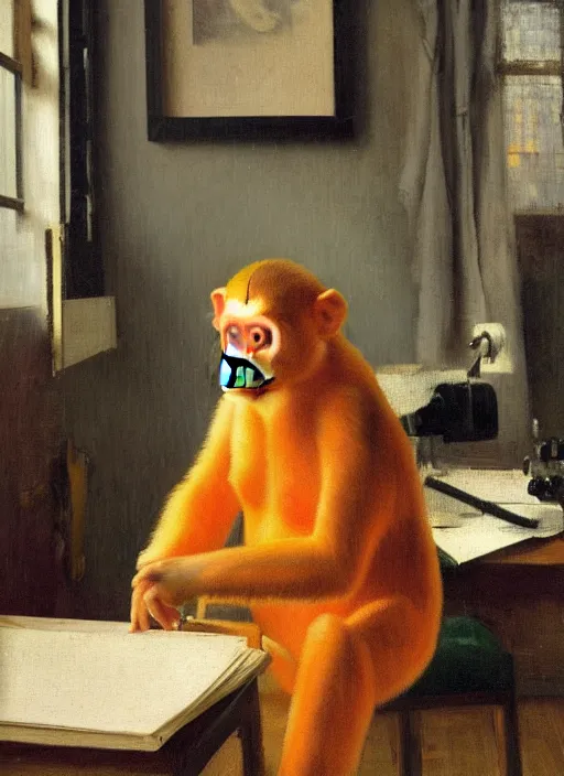 Prompt: medium shot, cinematic, cute orange monkey is typing on the typewriter, enhancements, soft lighting, by john ward, by arthur walker, by vermeer, by monet, oil on canvas, royal academy, masterpiece, trending on artstation, cinematic composition, dramatic pose, beautiful lighting, sharp, details, hyper - detailed, hd