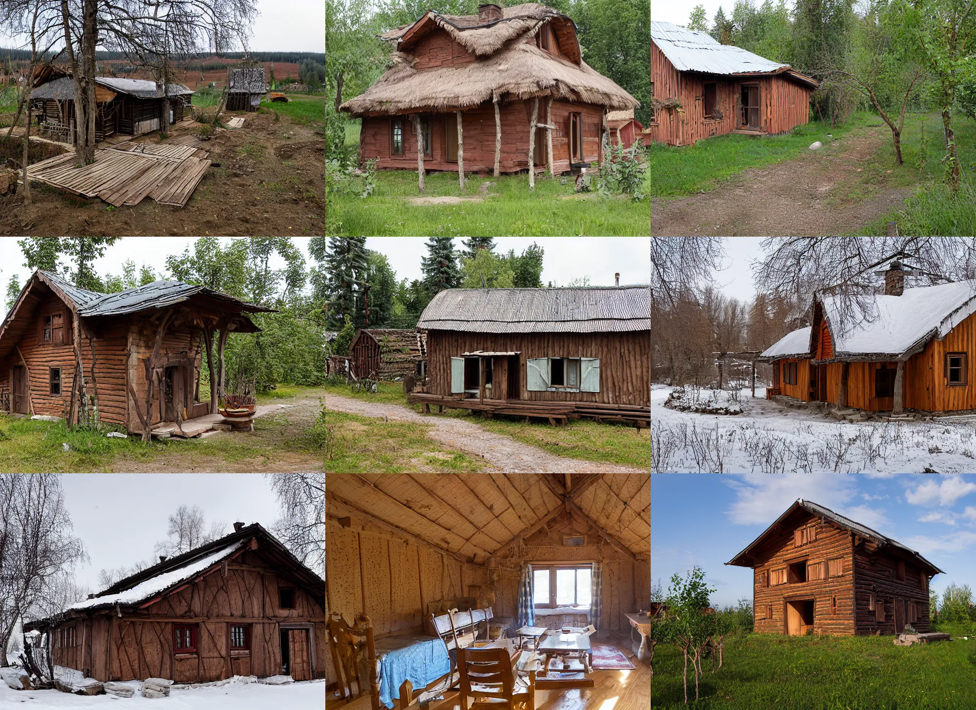 Prompt: Description of the village house in Russia: 1. The house is wooden, one-story with a stove, with a terrace, veranda, with an attic. 2. The living area is about 50 m2 3. Plot of land (about 10 acres) 4. The site has fruit trees, bushes, flowers, lawn. 5. Well in area 6. Garden 7. Bath, octane render, cinematic, hyper realism, 8k, depth of field, highly detailed