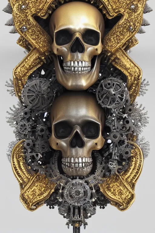 Image similar to hyperrealistic 3d render ultra detailed of a skull, art deco, steam punk, intricate gears details, hyperrealistic, Volumetric lighting, ultra detailed, elegant, octane render, blue and gold, 8k, trending on Artstation, unreal engine