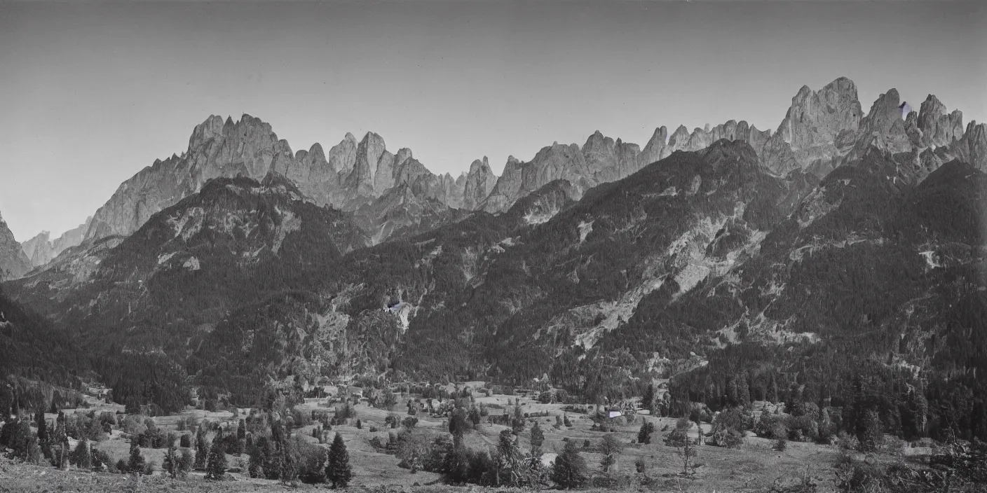 Prompt: dark tyrolean valley with dolomites in background photographed from the valley, 3 5 mm, dark, eerie, 1 9 2 0 s ghost photography